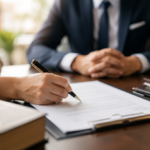 Illustration du droit civil représentant la signature d’un contrat lors d’une consultation juridique.