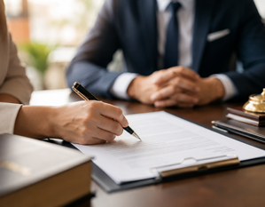 Illustration du droit civil représentant la signature d’un contrat lors d’une consultation juridique.