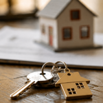 Illustration du droit immobilier représentant des clés de maison et une maquette immobilière symbolisant l’acquisition, la vente et la gestion de biens immobiliers.