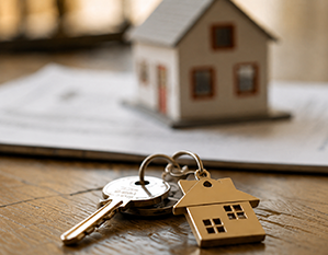 Illustration du droit immobilier représentant des clés de maison et une maquette immobilière symbolisant l’acquisition, la vente et la gestion de biens immobiliers.