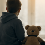 Illustration du droit de la jeunesse représentant un enfant assis avec son ours en peluche dans un environnement calme et protecteur.