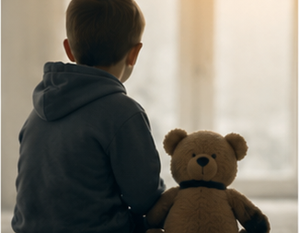 Illustration du droit de la jeunesse représentant un enfant assis avec son ours en peluche dans un environnement calme et protecteur.