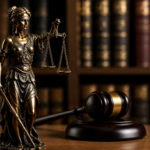 Illustration du droit pénal avec une statue de la Justice, un marteau de juge et des ouvrages juridiques en arrière-plan.