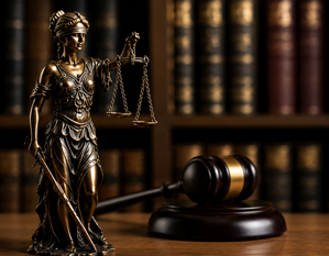Illustration du droit pénal avec une statue de la Justice, un marteau de juge et des ouvrages juridiques en arrière-plan.