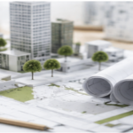 Illustration du droit de l’urbanisme, de l’environnement et des expropriations avec plans architecturaux, maquettes immobilières et projets d’aménagement du territoire.