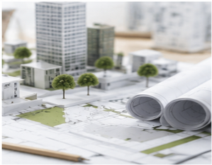 Illustration du droit de l’urbanisme, de l’environnement et des expropriations avec plans architecturaux, maquettes immobilières et projets d’aménagement du territoire.